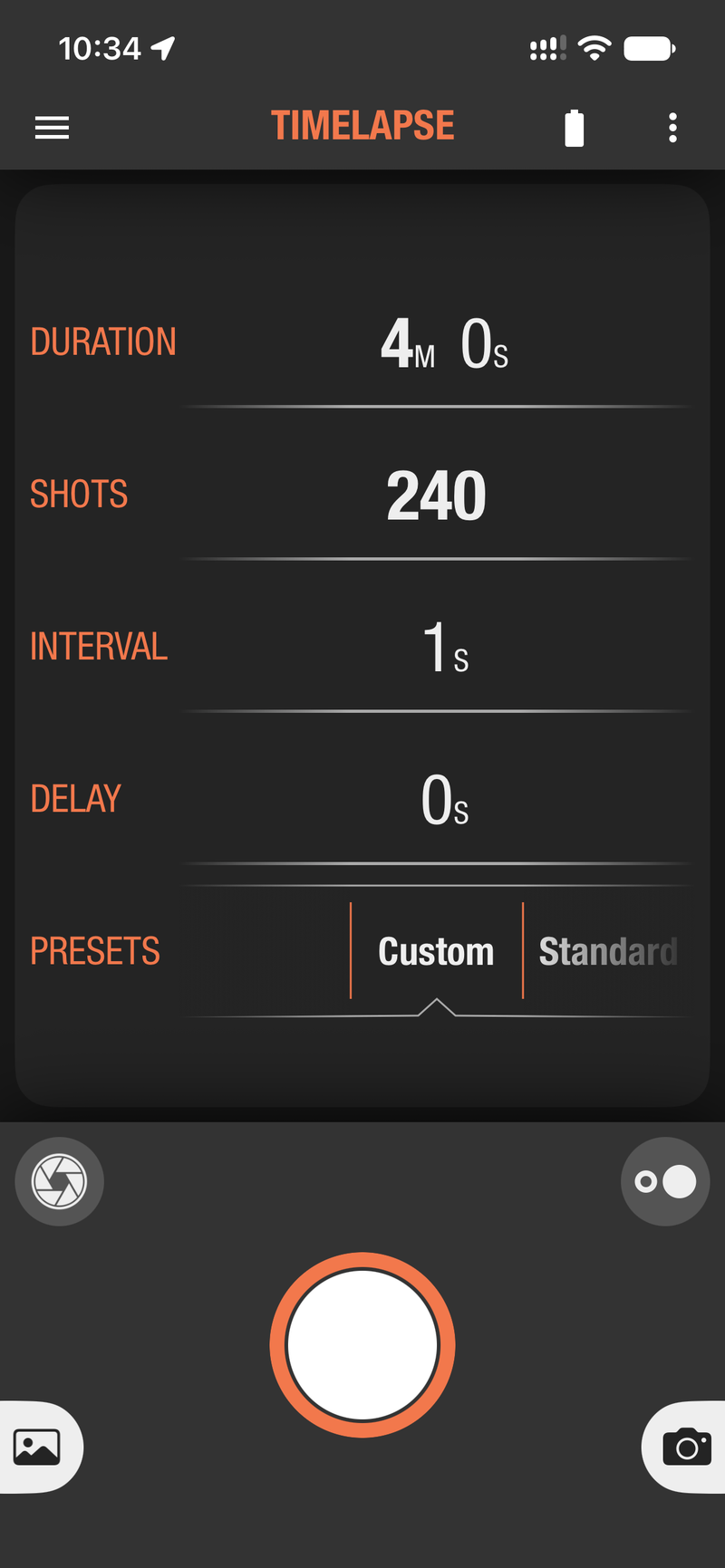 Ortta app Timelapse page with Duration, Shots, Interval, Delay and Presets