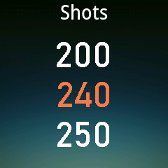 Editing the Shots value: 200, 240 and 250, with 240 selected in orange