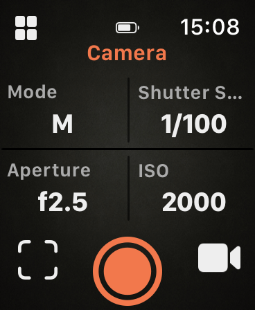 Camera page with mode, shutter speed, aperture and ISO