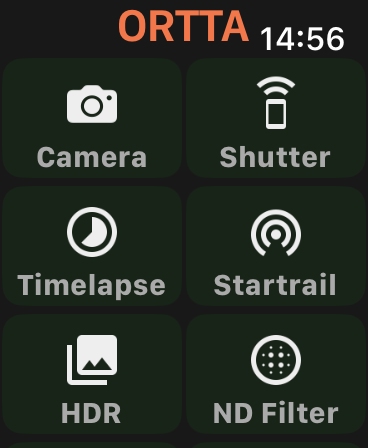 Watch menu with Camera, Shutter, Timelapse, Startrail, HDR and ND Filter